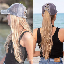 Wholesale Summer Autumn Women Cowboy Ponytail Baseball Hats Back Cross Mesh Hats High Messy Bun Ponycap Trucker Hats